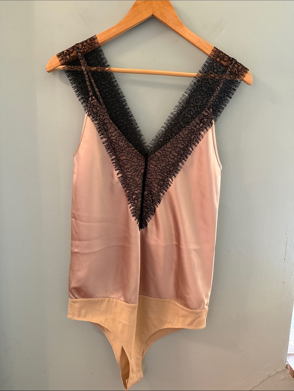 Hugo Boss Light Beige Satin Bodysuit with Black Lace V-Neck